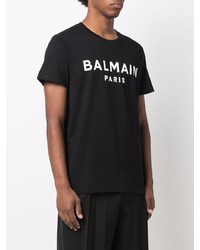 schwarzes und weißes bedrucktes T-Shirt mit einem Rundhalsausschnitt von Balmain