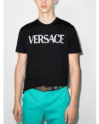 schwarzes und weißes bedrucktes T-Shirt mit einem Rundhalsausschnitt von Versace