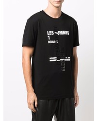 schwarzes und weißes bedrucktes T-Shirt mit einem Rundhalsausschnitt von Les Hommes