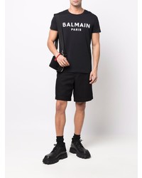 schwarzes und weißes bedrucktes T-Shirt mit einem Rundhalsausschnitt von Balmain