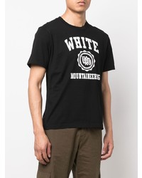 schwarzes und weißes bedrucktes T-Shirt mit einem Rundhalsausschnitt von White Mountaineering