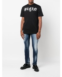 schwarzes und weißes bedrucktes T-Shirt mit einem Rundhalsausschnitt von Philipp Plein