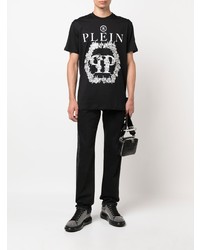 schwarzes und weißes bedrucktes T-Shirt mit einem Rundhalsausschnitt von Philipp Plein