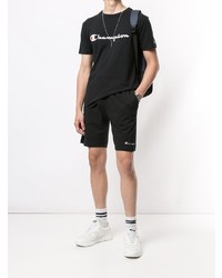 schwarzes und weißes bedrucktes T-Shirt mit einem Rundhalsausschnitt von Champion