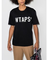 schwarzes und weißes bedrucktes T-Shirt mit einem Rundhalsausschnitt von WTAPS