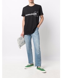 schwarzes und weißes bedrucktes T-Shirt mit einem Rundhalsausschnitt von Calvin Klein Jeans