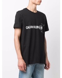 schwarzes und weißes bedrucktes T-Shirt mit einem Rundhalsausschnitt von Calvin Klein Jeans