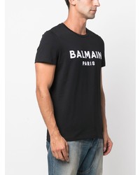 schwarzes und weißes bedrucktes T-Shirt mit einem Rundhalsausschnitt von Balmain