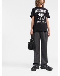 schwarzes und weißes bedrucktes T-Shirt mit einem Rundhalsausschnitt von Moschino