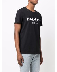 schwarzes und weißes bedrucktes T-Shirt mit einem Rundhalsausschnitt von Balmain