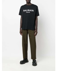 schwarzes und weißes bedrucktes T-Shirt mit einem Rundhalsausschnitt von Balmain