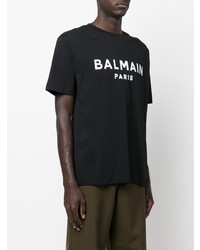 schwarzes und weißes bedrucktes T-Shirt mit einem Rundhalsausschnitt von Balmain