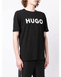 schwarzes und weißes bedrucktes T-Shirt mit einem Rundhalsausschnitt von Hugo