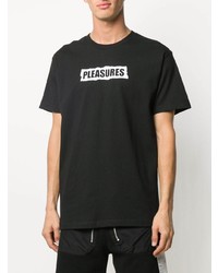 schwarzes und weißes bedrucktes T-Shirt mit einem Rundhalsausschnitt von Pleasures