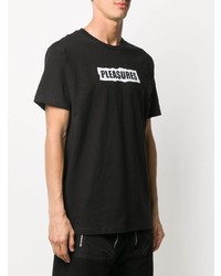 schwarzes und weißes bedrucktes T-Shirt mit einem Rundhalsausschnitt von Pleasures