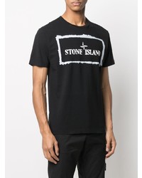 schwarzes und weißes bedrucktes T-Shirt mit einem Rundhalsausschnitt von Stone Island