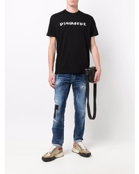 schwarzes und weißes bedrucktes T-Shirt mit einem Rundhalsausschnitt von DSQUARED2