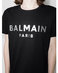 schwarzes und weißes bedrucktes T-Shirt mit einem Rundhalsausschnitt von Balmain