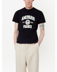 schwarzes und weißes bedrucktes T-Shirt mit einem Rundhalsausschnitt von Ami Paris