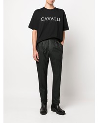 schwarzes und weißes bedrucktes T-Shirt mit einem Rundhalsausschnitt von Roberto Cavalli