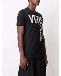 schwarzes und weißes bedrucktes T-Shirt mit einem Rundhalsausschnitt von Versace