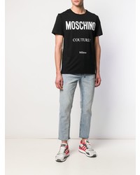 schwarzes und weißes bedrucktes T-Shirt mit einem Rundhalsausschnitt von Moschino