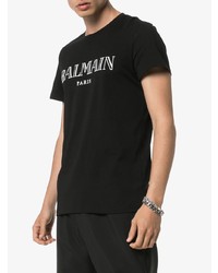 schwarzes und weißes bedrucktes T-Shirt mit einem Rundhalsausschnitt von Balmain