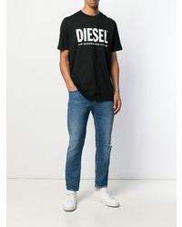 schwarzes und weißes bedrucktes T-Shirt mit einem Rundhalsausschnitt von Diesel