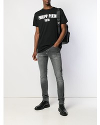 schwarzes und weißes bedrucktes T-Shirt mit einem Rundhalsausschnitt von Philipp Plein