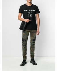 schwarzes und weißes bedrucktes T-Shirt mit einem Rundhalsausschnitt von Balmain