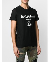 schwarzes und weißes bedrucktes T-Shirt mit einem Rundhalsausschnitt von Balmain