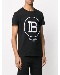 schwarzes und weißes bedrucktes T-Shirt mit einem Rundhalsausschnitt von Balmain