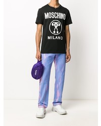 schwarzes und weißes bedrucktes T-Shirt mit einem Rundhalsausschnitt von Moschino