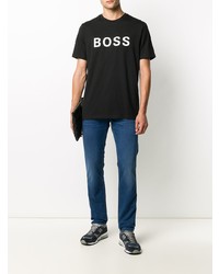 schwarzes und weißes bedrucktes T-Shirt mit einem Rundhalsausschnitt von BOSS HUGO BOSS