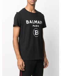 schwarzes und weißes bedrucktes T-Shirt mit einem Rundhalsausschnitt von Balmain