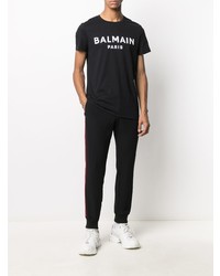 schwarzes und weißes bedrucktes T-Shirt mit einem Rundhalsausschnitt von Balmain