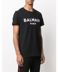 schwarzes und weißes bedrucktes T-Shirt mit einem Rundhalsausschnitt von Balmain