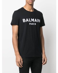 schwarzes und weißes bedrucktes T-Shirt mit einem Rundhalsausschnitt von Balmain