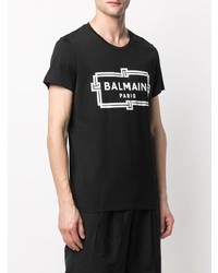 schwarzes und weißes bedrucktes T-Shirt mit einem Rundhalsausschnitt von Balmain