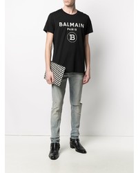 schwarzes und weißes bedrucktes T-Shirt mit einem Rundhalsausschnitt von Balmain