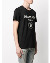 schwarzes und weißes bedrucktes T-Shirt mit einem Rundhalsausschnitt von Balmain