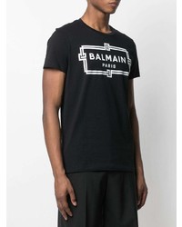 schwarzes und weißes bedrucktes T-Shirt mit einem Rundhalsausschnitt von Balmain