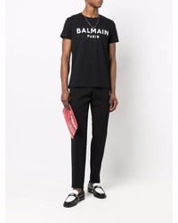 schwarzes und weißes bedrucktes T-Shirt mit einem Rundhalsausschnitt von Balmain