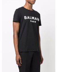 schwarzes und weißes bedrucktes T-Shirt mit einem Rundhalsausschnitt von Balmain