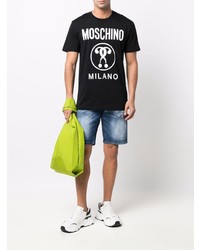 schwarzes und weißes bedrucktes T-Shirt mit einem Rundhalsausschnitt von Moschino