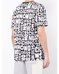 schwarzes und weißes bedrucktes T-Shirt mit einem Rundhalsausschnitt von Moschino