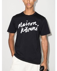 schwarzes und weißes bedrucktes T-Shirt mit einem Rundhalsausschnitt von MAISON KITSUNÉ