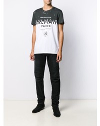 schwarzes und weißes bedrucktes T-Shirt mit einem Rundhalsausschnitt von Balmain