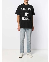 schwarzes und weißes bedrucktes T-Shirt mit einem Rundhalsausschnitt von Golden Goose