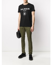 schwarzes und weißes bedrucktes T-Shirt mit einem Rundhalsausschnitt von Balmain